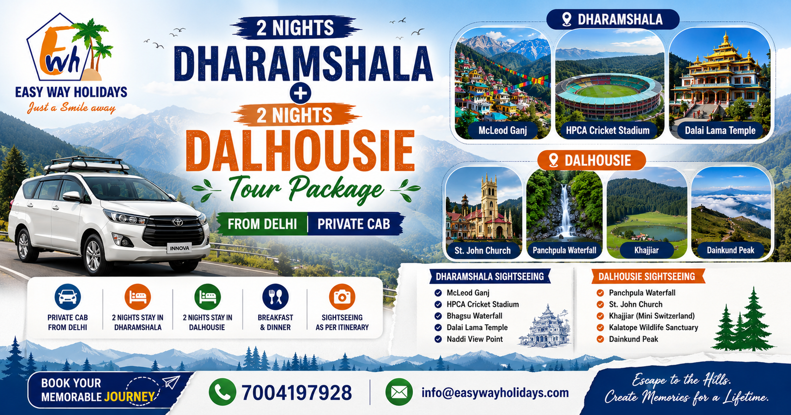 Dharamshala Dalhousie Tour Package from Delhi by Private Cab